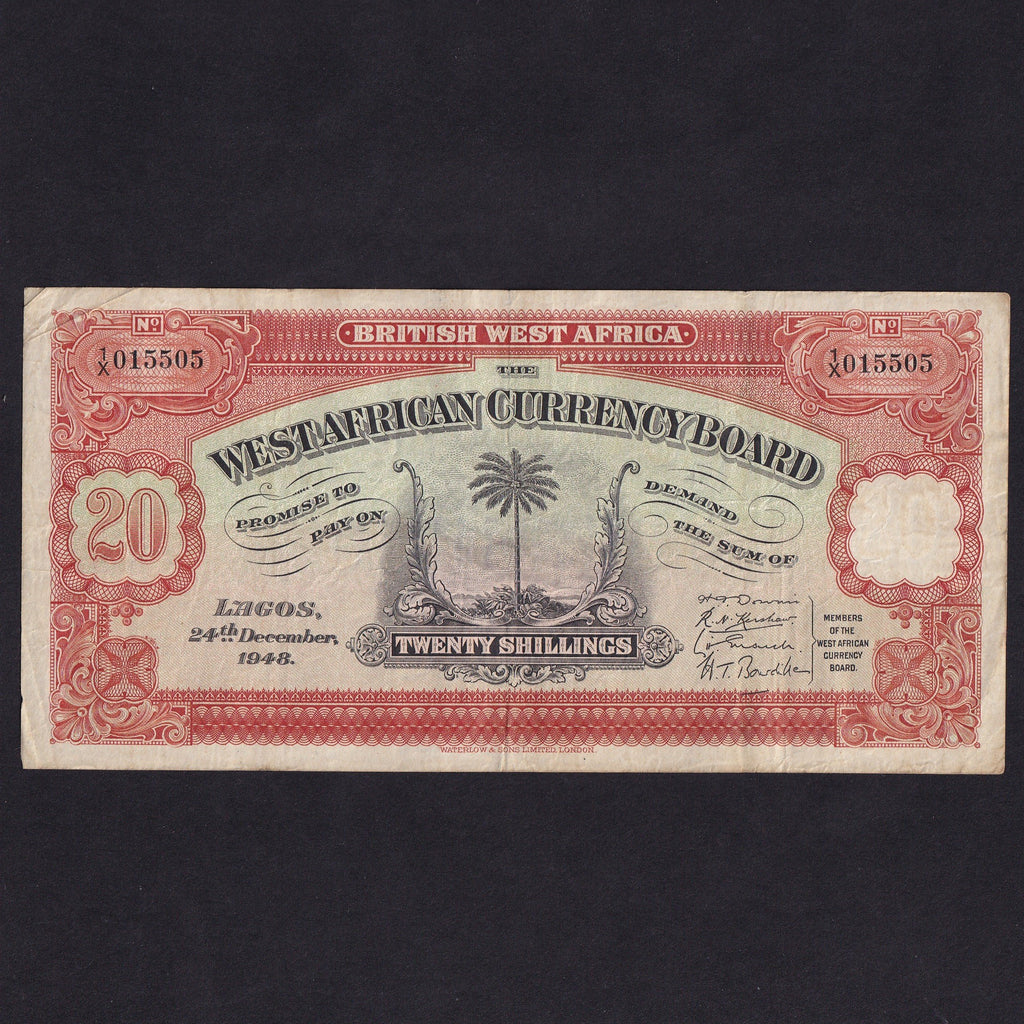 British West Africa (P8b) 20 Shillings, 24th December 1948, 1/X 015505, marks reverse, Good Fine