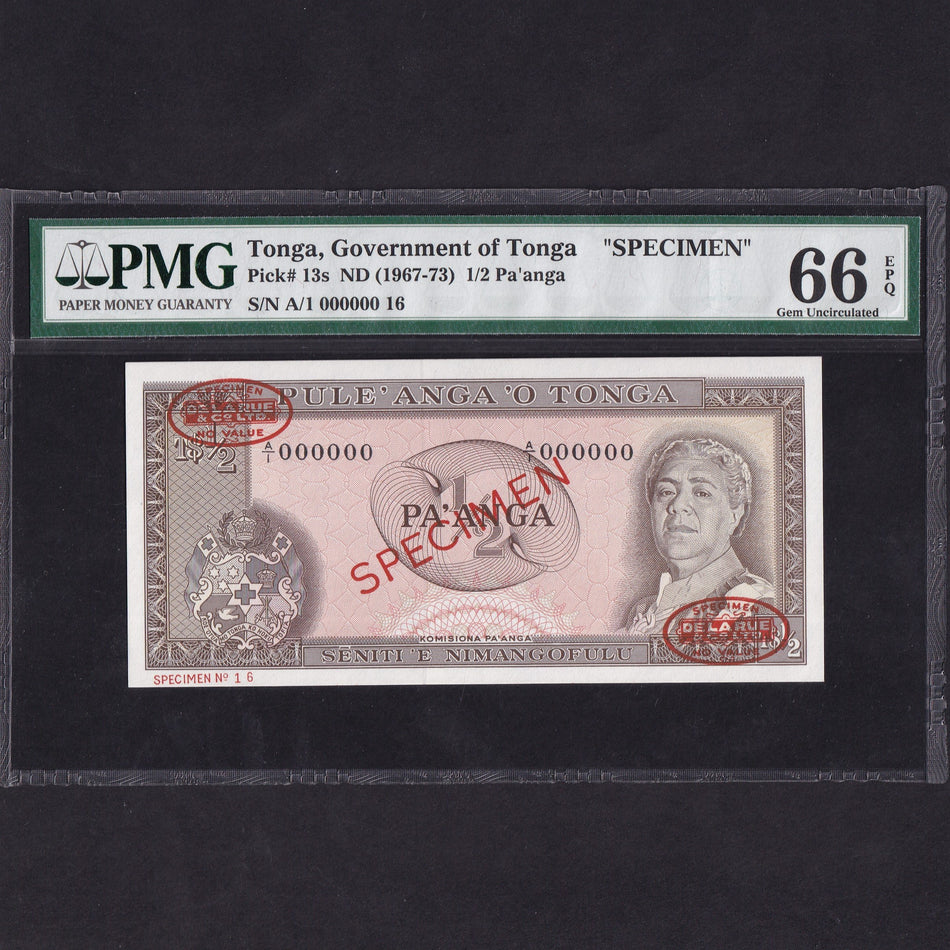 Tonga (P13s) 1/2 Pa'anga specimen, 1967-73, Queen Salote, PMG 66, UNC