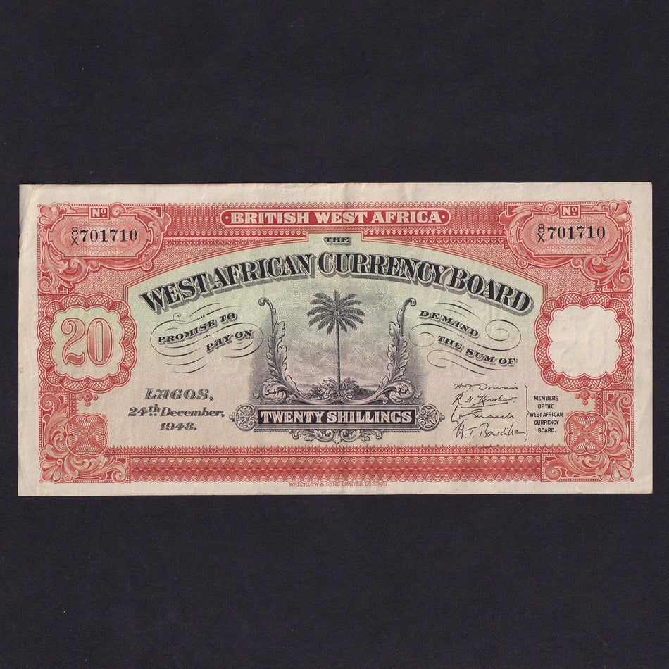 British West Africa (P8b) 20 Shillings, 24th December 1948, 8/X 701710, marks reverse, Good VF