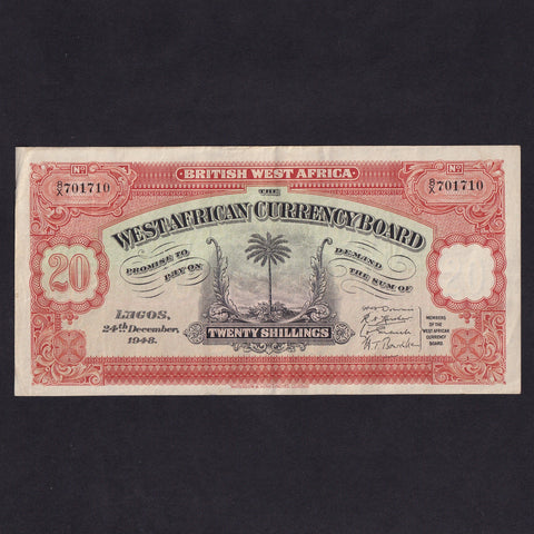 British West Africa (P8b) 20 Shillings, 24th December 1948, 8/X 701710, marks reverse, Good VF