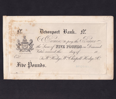 Provincial - Devonport Bank £5 obverse proof (18xx) for Hodge, Chapell, Hodge, Outing 684d, slight rust, Good EF