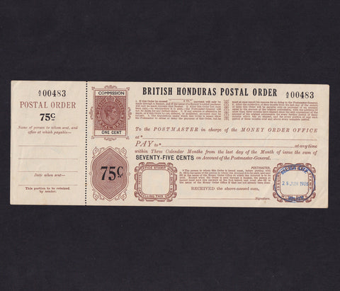 British Honduras, 75 Cents postal order, 1985, King George VI, no.A/2 00483, with counterfoil, unissued, Good EF