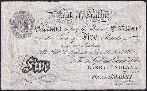 Bank of England (B209ag) Harvey, £5, Newcastle branch( 30 notes recorded) , 30th November 1922, 165/U 57690, few rust spots, otherwise VF