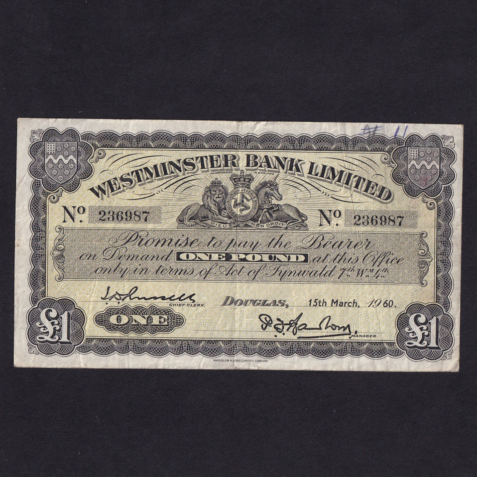 Isle of Man (P23Ab) £1, 13th March 1960, Westminster Bank Limited, no.236987, M313, ink marks, Fine