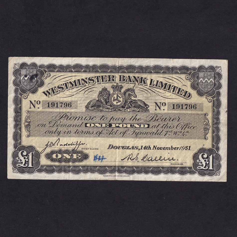 Isle of Man (P23d) £1, 14th November 1951, Westminster Bank Limited, ink marks, Fine