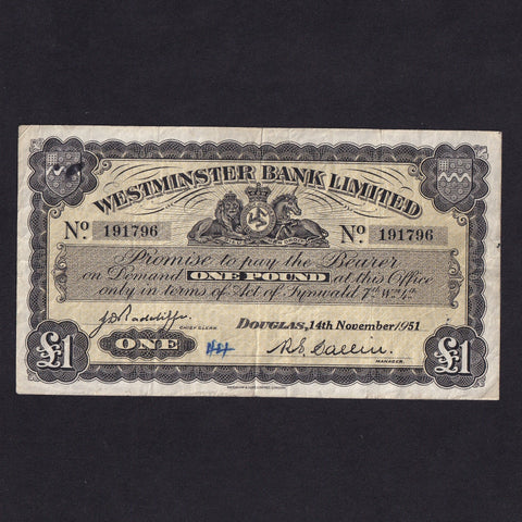 Isle of Man (P23d) £1, 14th November 1951, Westminster Bank Limited, ink marks, Fine