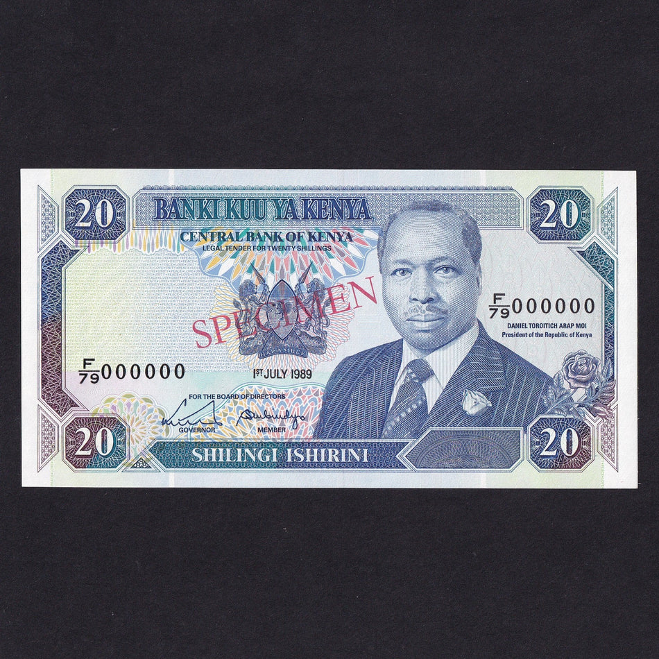 Kenya (P25b) 20 Shillings specimen, 1st July 1989, red, F/79 000000, UNC