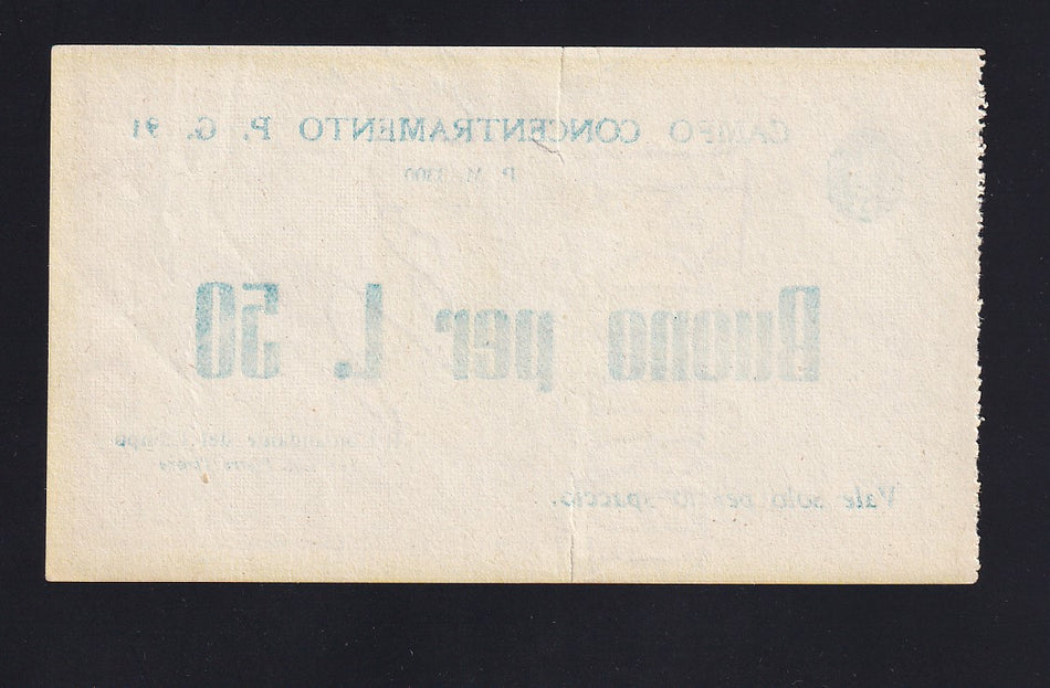 Italy, Campo Concentramento, 50 Lire, P. G. 91, Campbell 6159, very rare, WWII, two 8mm tears, otherwise EF