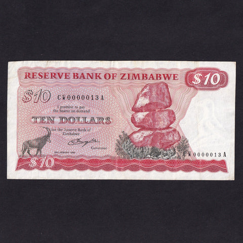 Zimbabwe (P.3a) $10, CW replacement, Salisbury 1980, low serial, CW0000013A, A/VF