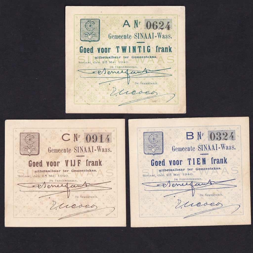 Belgium, WWII Emergency Issue, 5, 10 & 20 Franc, 1940, Sinnaai-Wass, SB1233-35, Good VF/EF