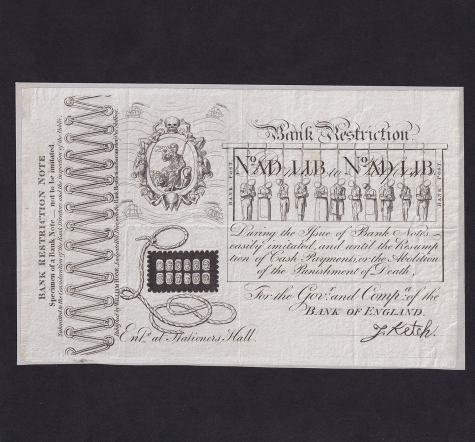Bank Restriction Note, anti-hanging, 1819, designed by George Cruickshank, Outing 4040a, stuck to paper, EF