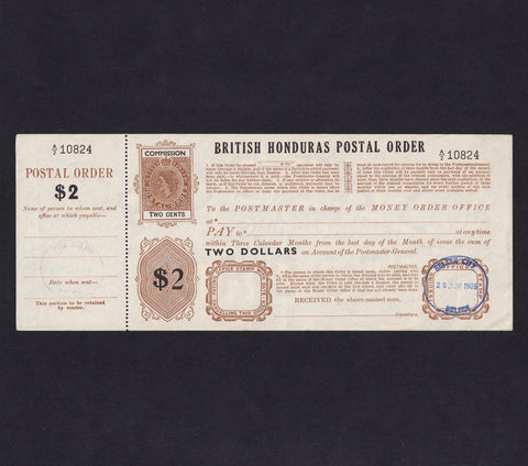 British Honduras, $2 postal order, 28th June 1985, Belize City, QEII, no.A/2 10824, with counterfoil, unissued, Good EF