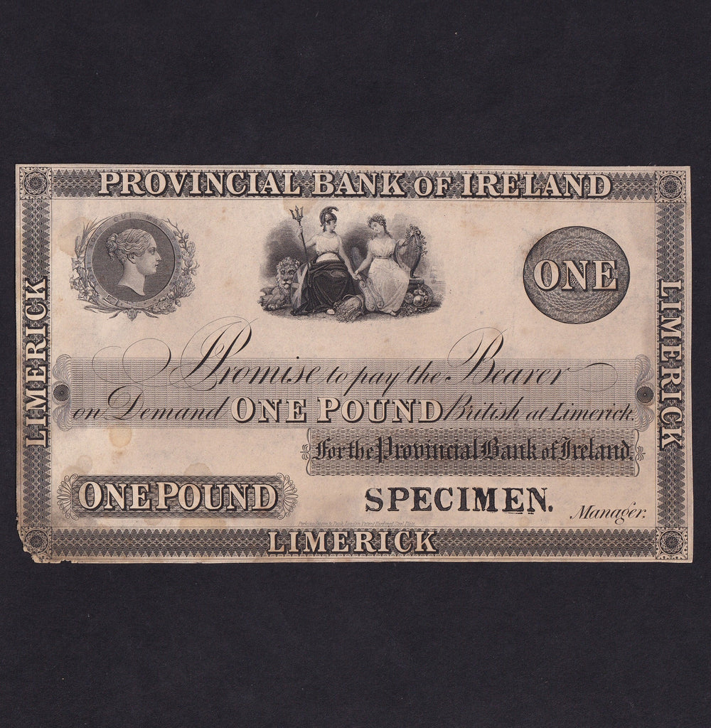 Ireland, £1 proof on card, Provincial Bank of Ireland, Limerick, ND (c.1841-69) no signatures or serial, black SPECIMEN stamp, scarce, mounting traces & minor damage to low left corner, Good VF