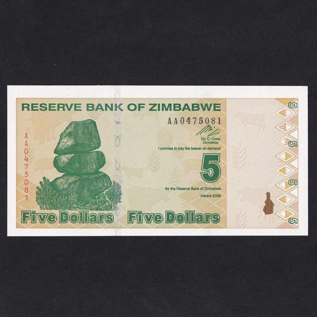 Zimbabwe (P93) $5 (5 Trillion old), 2009, last series replaced trillions, UNC