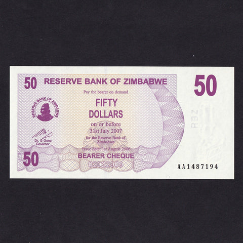 Zimbabwe (P41) $50, 1st August 2006, UNC