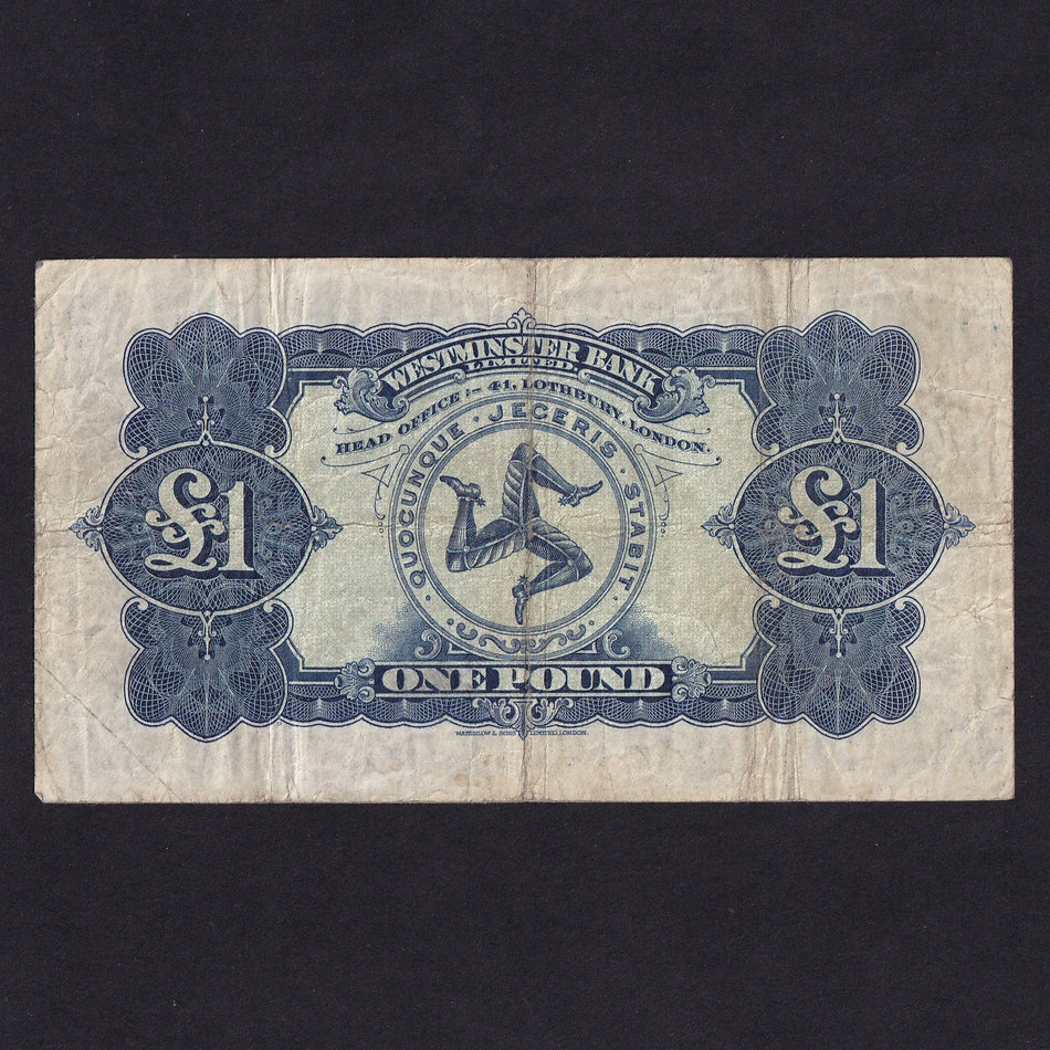 Isle of Man (P23b) Westminster Bank Limited, £1, 4th February 1943, Christian/ Callin signatures, last date for type & high serial number: 169228, M309, Good Fine