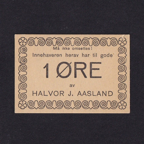Norway, 1 Ore for Halvor J. Aasland, Skien, WWII, SB 1251, UNC