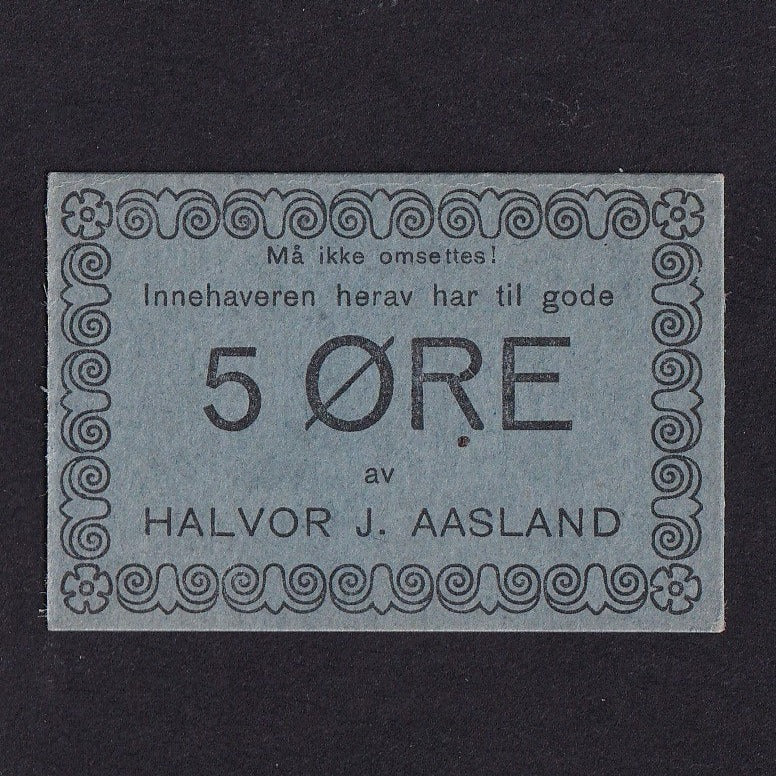 Norway, 5 Ore for Halvor J. Aasland, Skien, WWII, SB 1253, UNC
