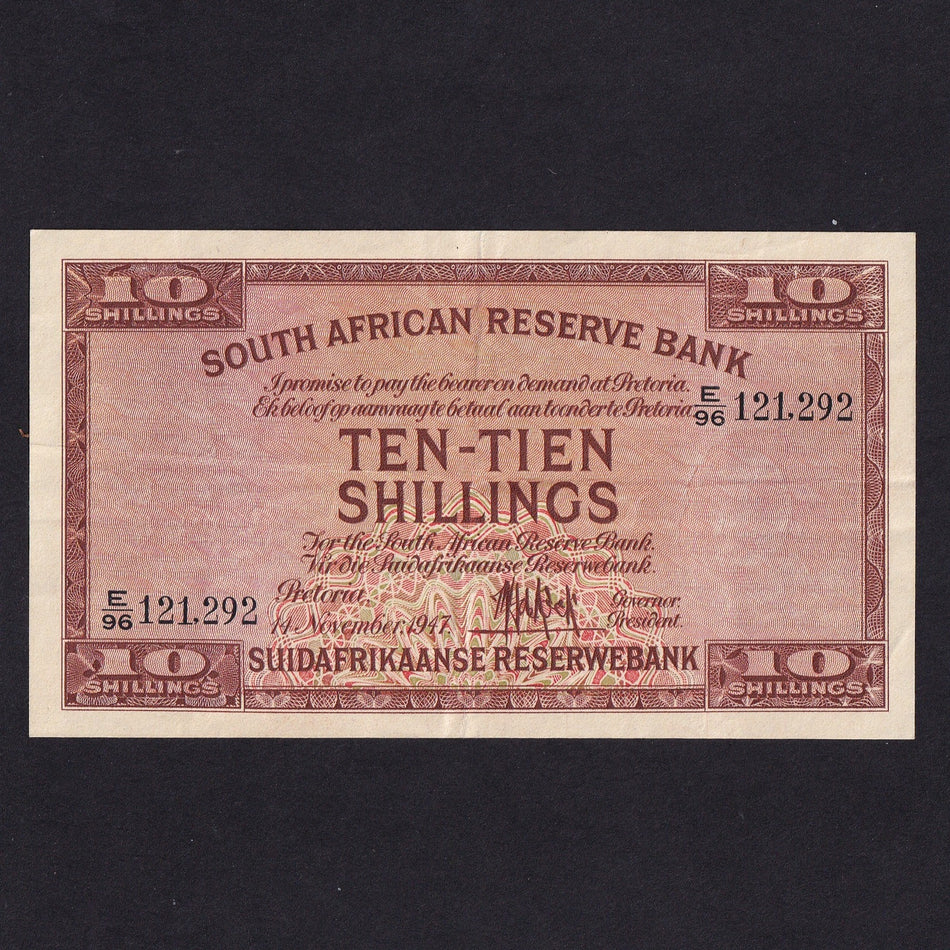 South Africa, 10 Shillings, 14th November 1947, last date, E/96 121292, Pick 92e, folds, A/EF