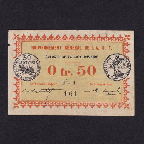 Ivory Coast (P.1b) 50 Centimes, 1917, laurel leaves watermark, edge hole, otherwise VF