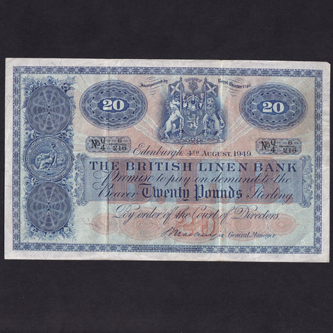 Scotland (P159b) British Linen Bank, £20, 4th August 1949, Q4/216, BL68d, A/VF