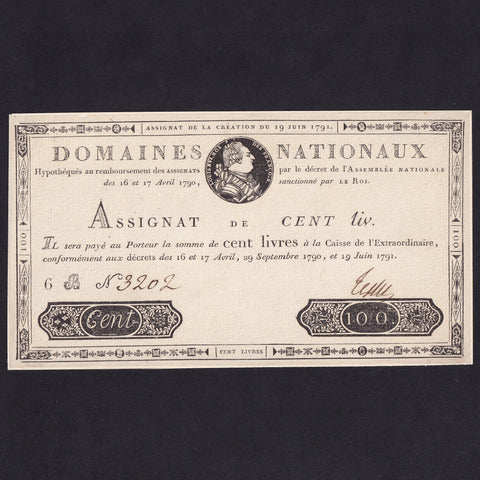 France (Assignats, PA44A) 100 Francs, 1791, King Louis XVI, no.3202, mounted on paper, Good EF