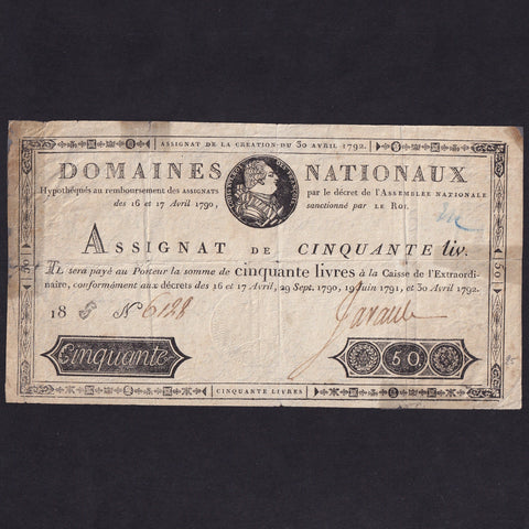 France (Assignats, PA58) 50 Livres, 1792, King Louis XVI, 6128, tape, VG