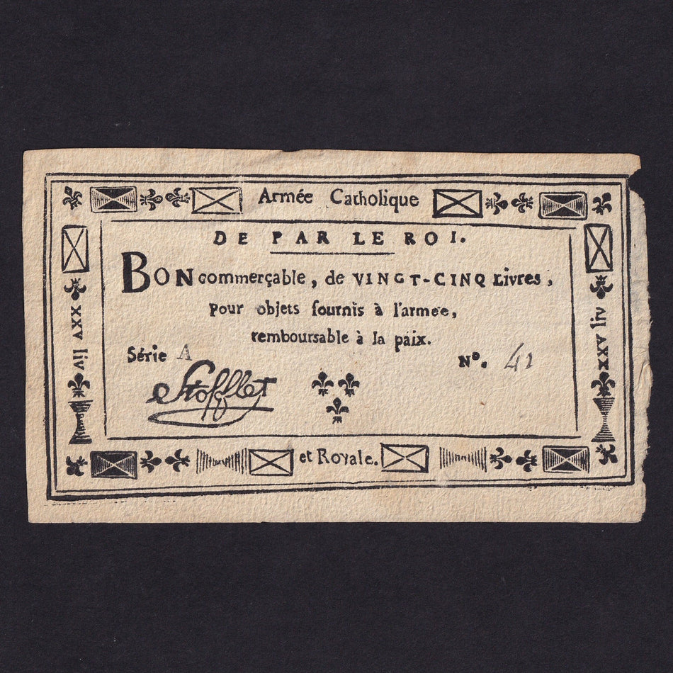France (Assignats, PA97) Armee Catholique, 25 Livres, 1793, series A, no.41, VG/Fine