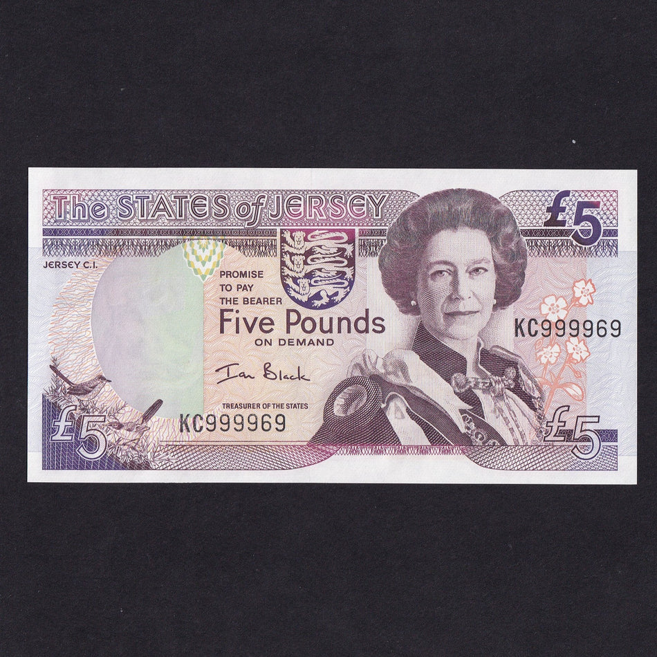 Jersey (P27a) £5, QEII, Ian Black signature, last of prefix, KC 999969, last of prefix, UNC
