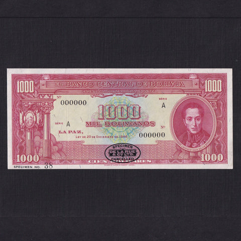 Bolivia (P144) 1000 Bolivianos specimen, 1950s, mounted on page left margin, UNC
