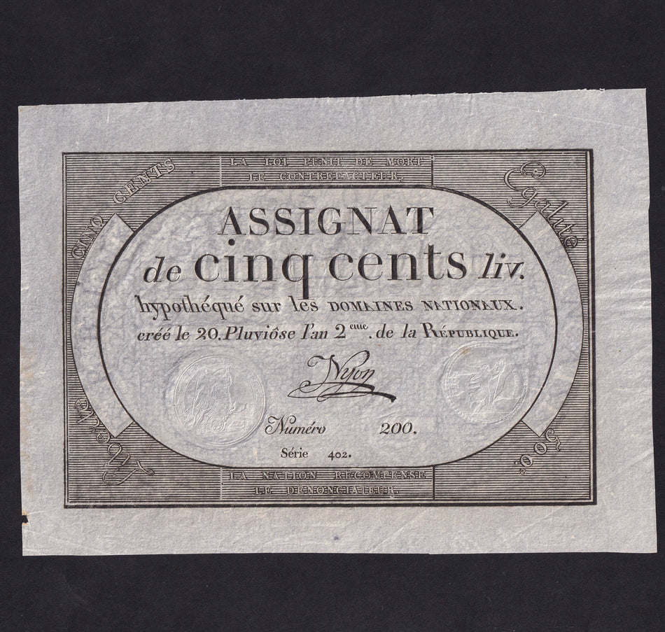 France (Assignats, PA77) 500 Livres, 1794, Series 402, Nyon, EF