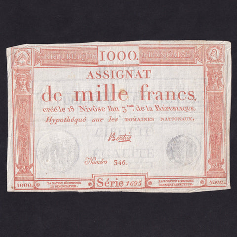 France (Assignats, PA80) 1000 Francs, 1795, red, Series 1695, Bertin, VF