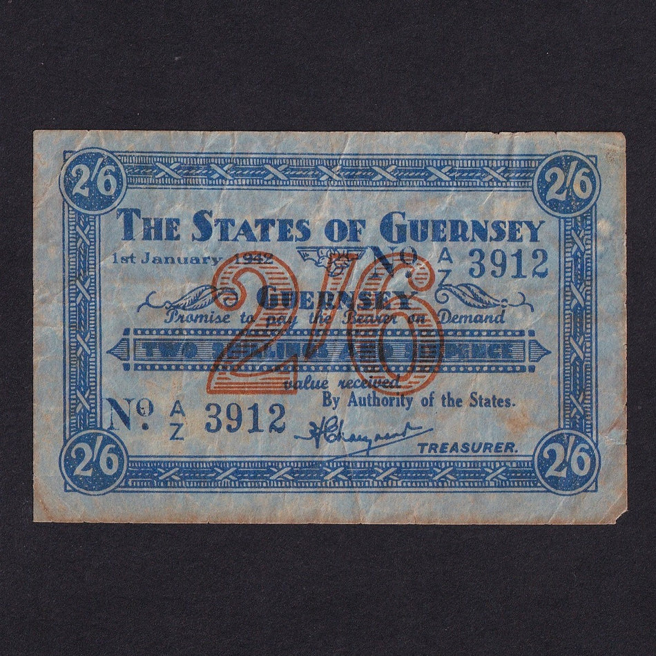 Guernsey (P25A) G236 2 Shillings 6 Pence, 1st January 1942, French blue paper, A/Z 3912, watermark sideways, VG