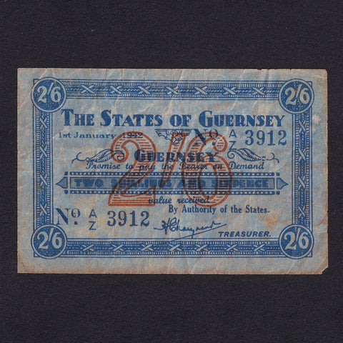 Guernsey (P25A) 2 Shillings 6 Pence, 1st January 1942, French blue paper, A/Z 3912, watermark sideways, VG