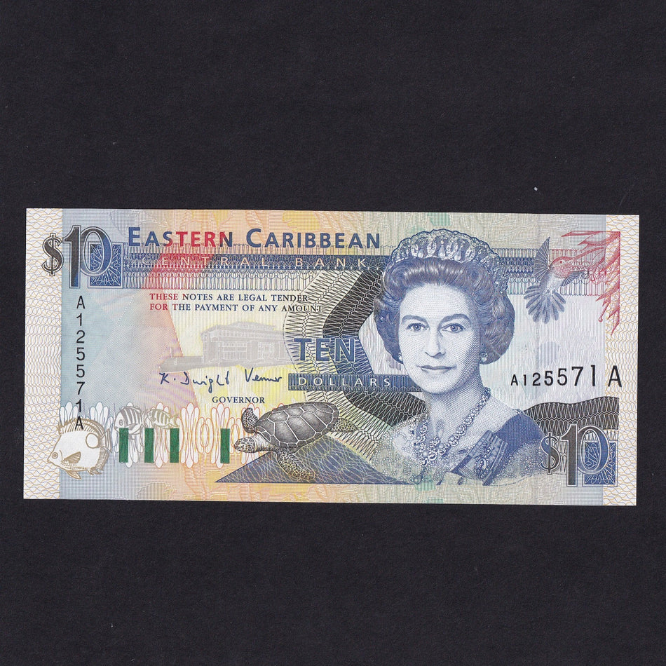 East Caribbean (P27a) $10, wide building, A suffix: A125570A, UNC