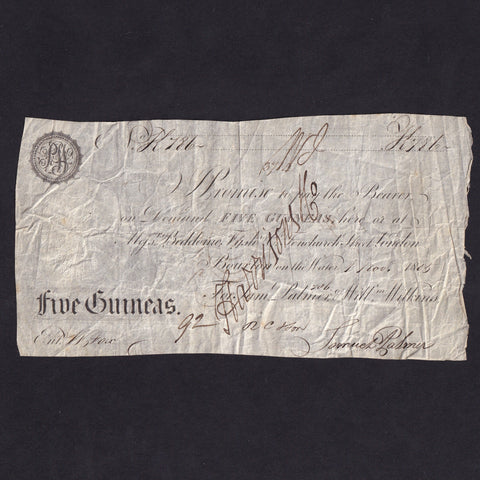 Provincial - Bourton on the Water, Oxfordshire, Five Guineas, 1805, for Palmer and Wilkins, note 786, unlisted, trimmed, Fine