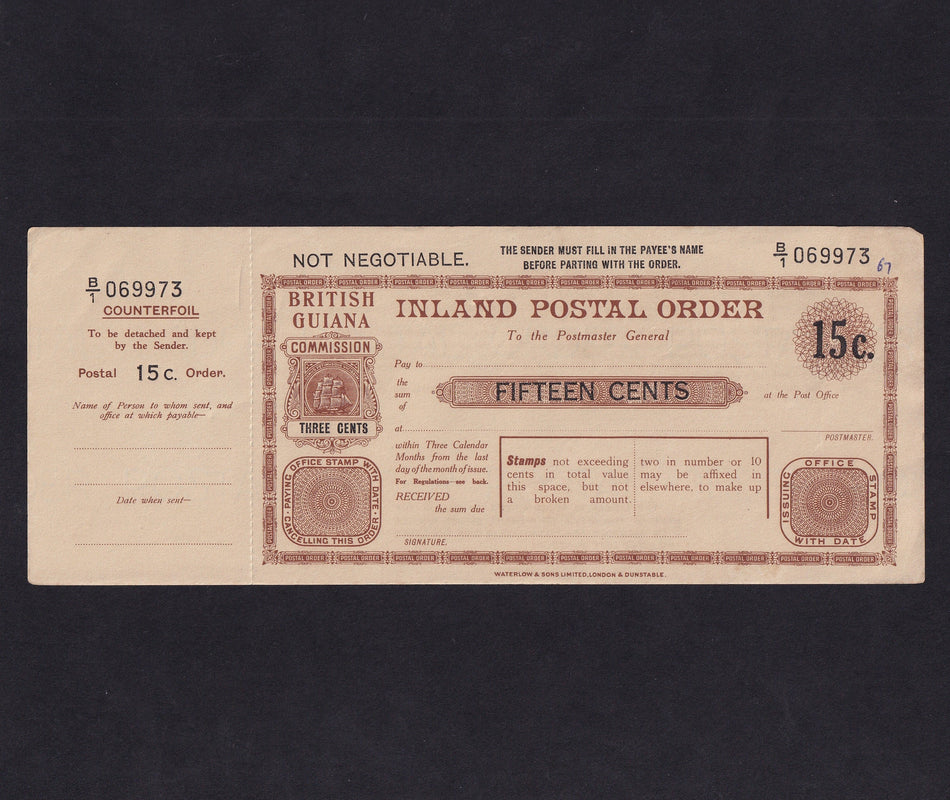 British Guiana, 15 Cents Inland Postal Order, with counterfoil, EF