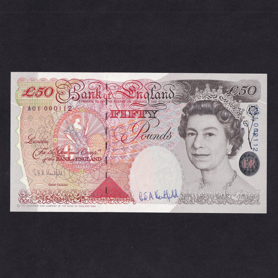 Bank of England (B377) Kentfield, £50, A01 000112  autographed by Kentfield, rare, first million & low serial, UNC