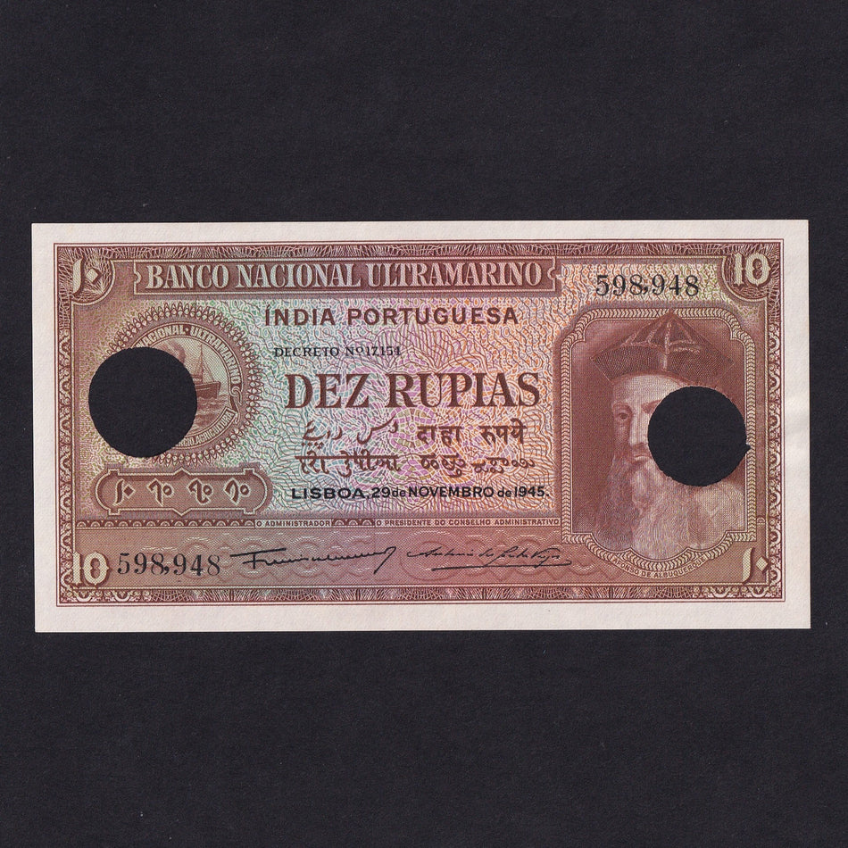 Portuguese India (P36) 10 Rupias, 1945, Banco Nacional Ultramarino, hole canceled, UNC