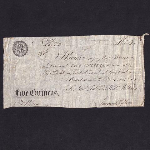 Provincial - Bourton on the Water, Oxfordshire, Five Guineas, 1805, for palmer & Wilkins, note 773, unlisted, trimmed, Fine