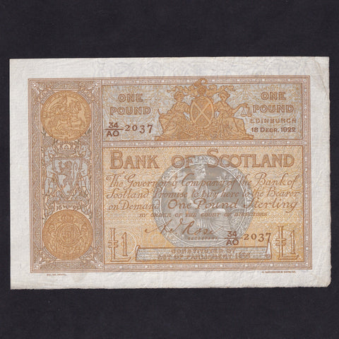 Scotland (P.81d) Bank of Scotland, £1, 18th December 1922, 34/A0 2037, Rose signature, BA89e VF