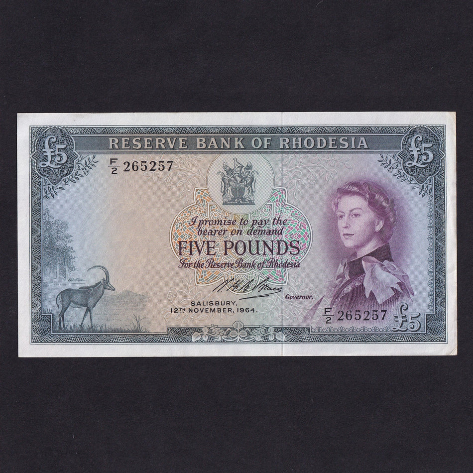 Rhodesia (P26a) £5, 12th November 1964, QEII, F/2 265257, Good EF