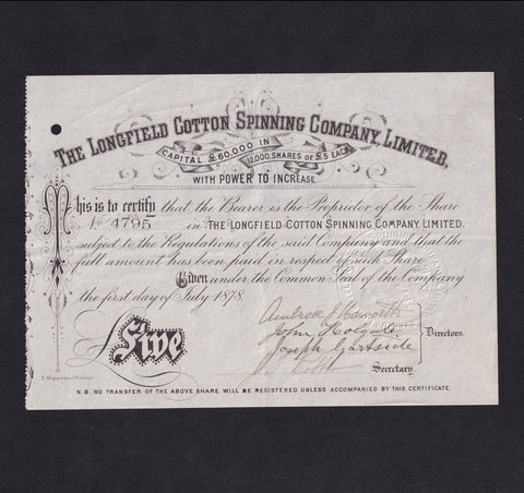 England, The Longfield Cotton Spinning Company Limited share certificate, 1878