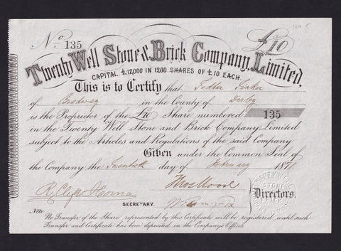 England, Twenty Well Stone & Brick Company Limited share certificate, 1871