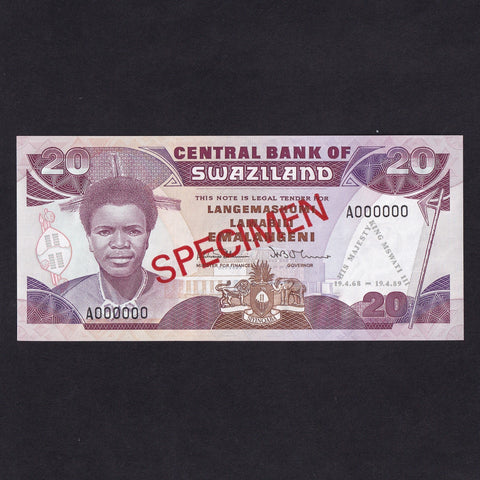 Swaziland (P17as) 20 Emalangeni specimen, King Mswati III 21st birthday commemorative, 19.4.68-19.4.89, Central Bank of Swaziland, A000000, UNC