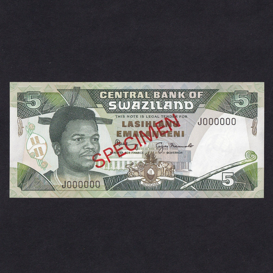 Swaziland (P19as) 5 Emalangeni specimen, King Mswati III, J000000, Central Bank of Swaziland, UNC