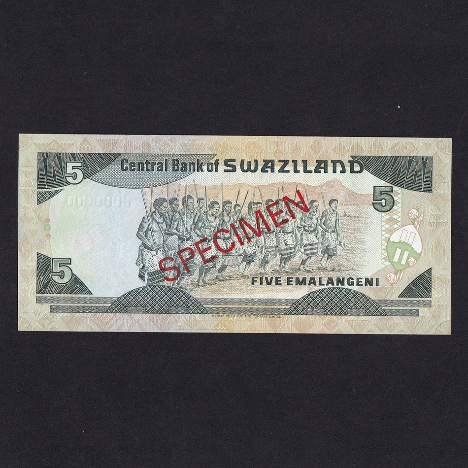 Swaziland (P19as) 5 Emalangeni specimen, King Mswati III, J000000, Central Bank of Swaziland, UNC