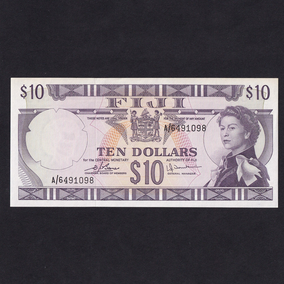 Fiji (P.74c) $10, Barnes/ Tomkins, A/6 491098, count crease, Good EF