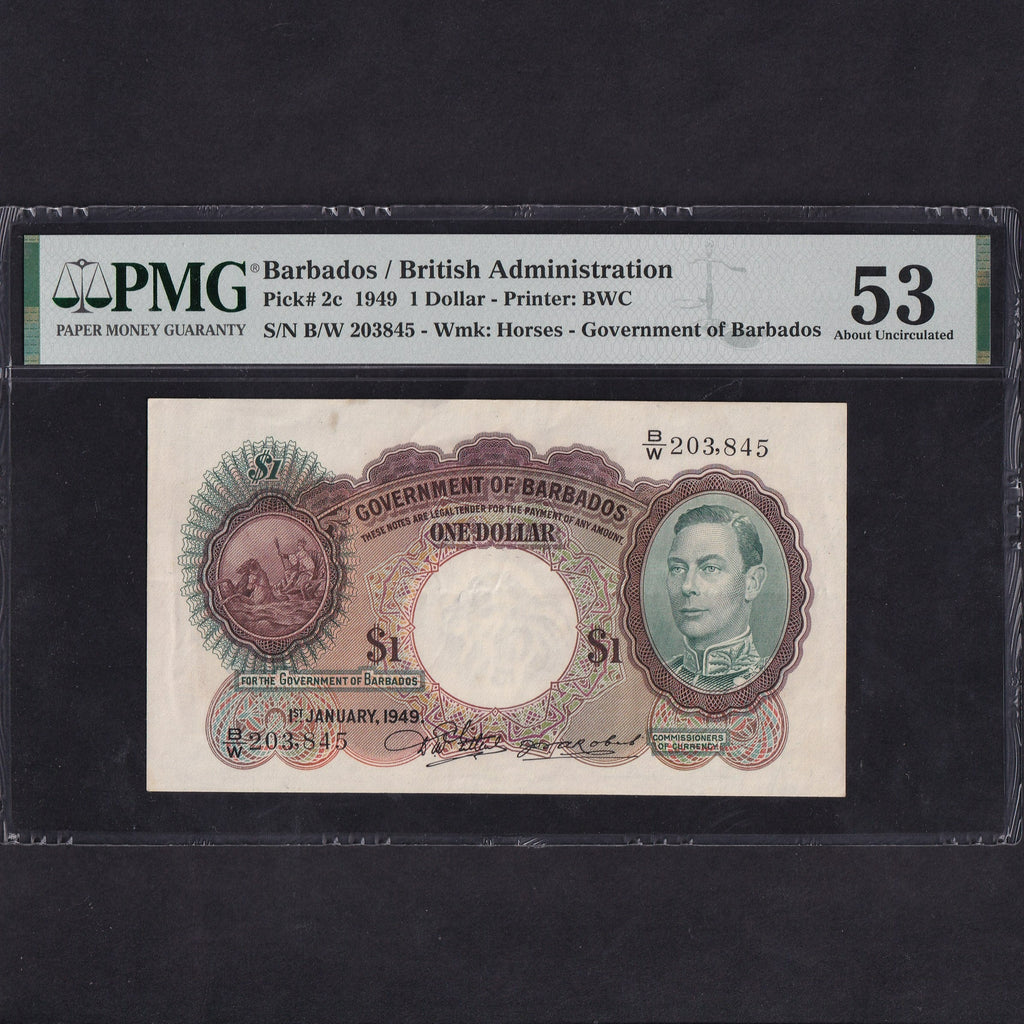 Barbados (P.2c) $1, 1st January 1949, King George VI, B/W 203845, PMG53, A/UNC