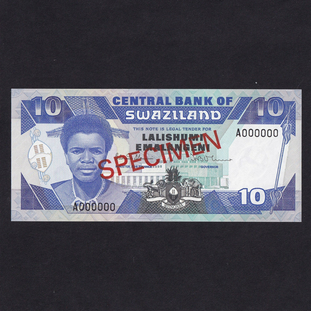 Swaziland (P15as) 10 Emalangeni specimen, King Mswati III, A000000, Central Bank of Swaziland, UNC